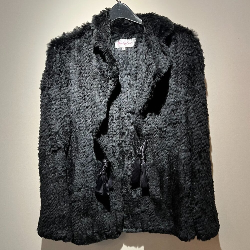 Black Funky East Faux Fur Jacket, Size L, Satin-Like Ribbon Ties, Used; Good